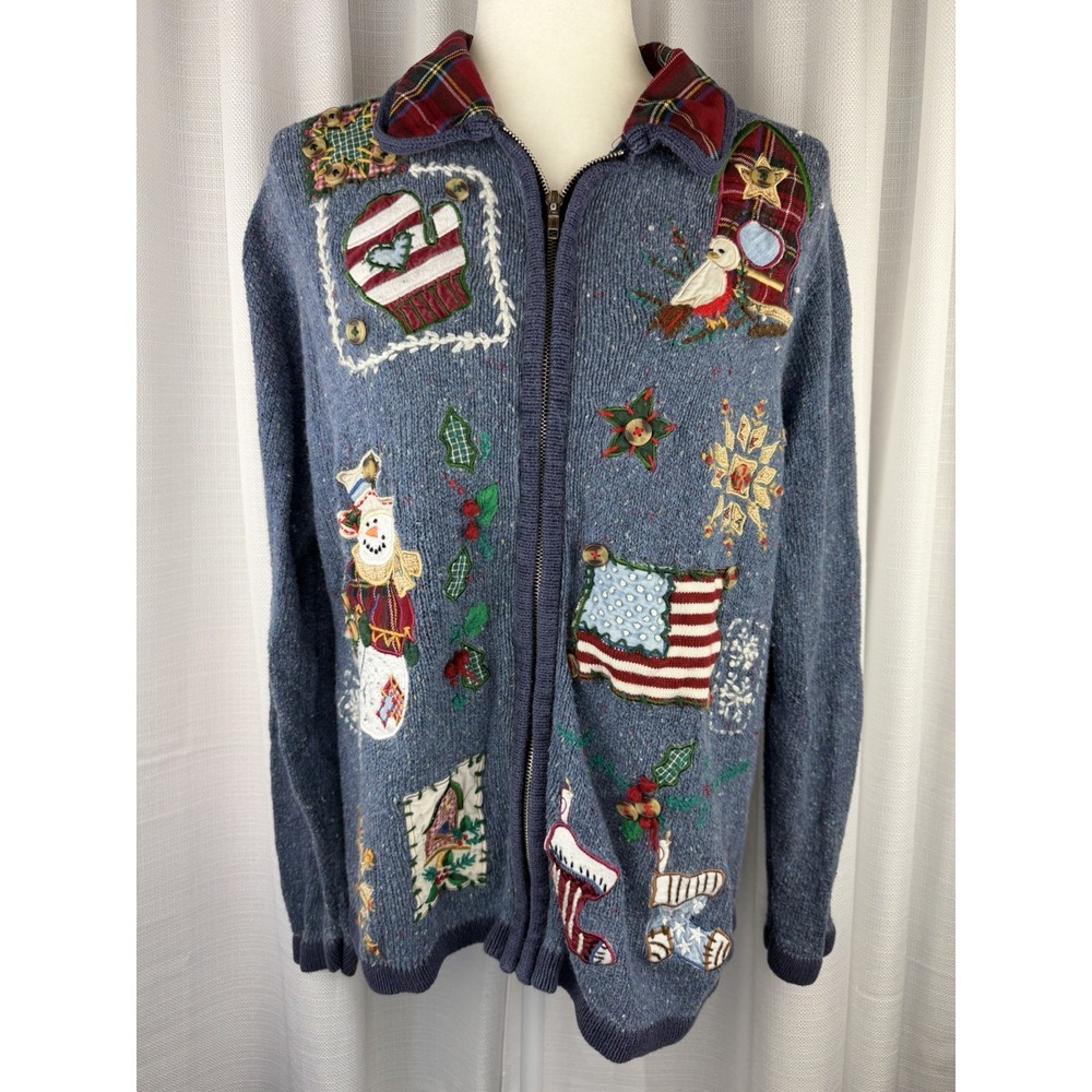 Victoria Jones Women's VTG Xmas Cardigan Sweater M Embroidered Snowman Tree Blue